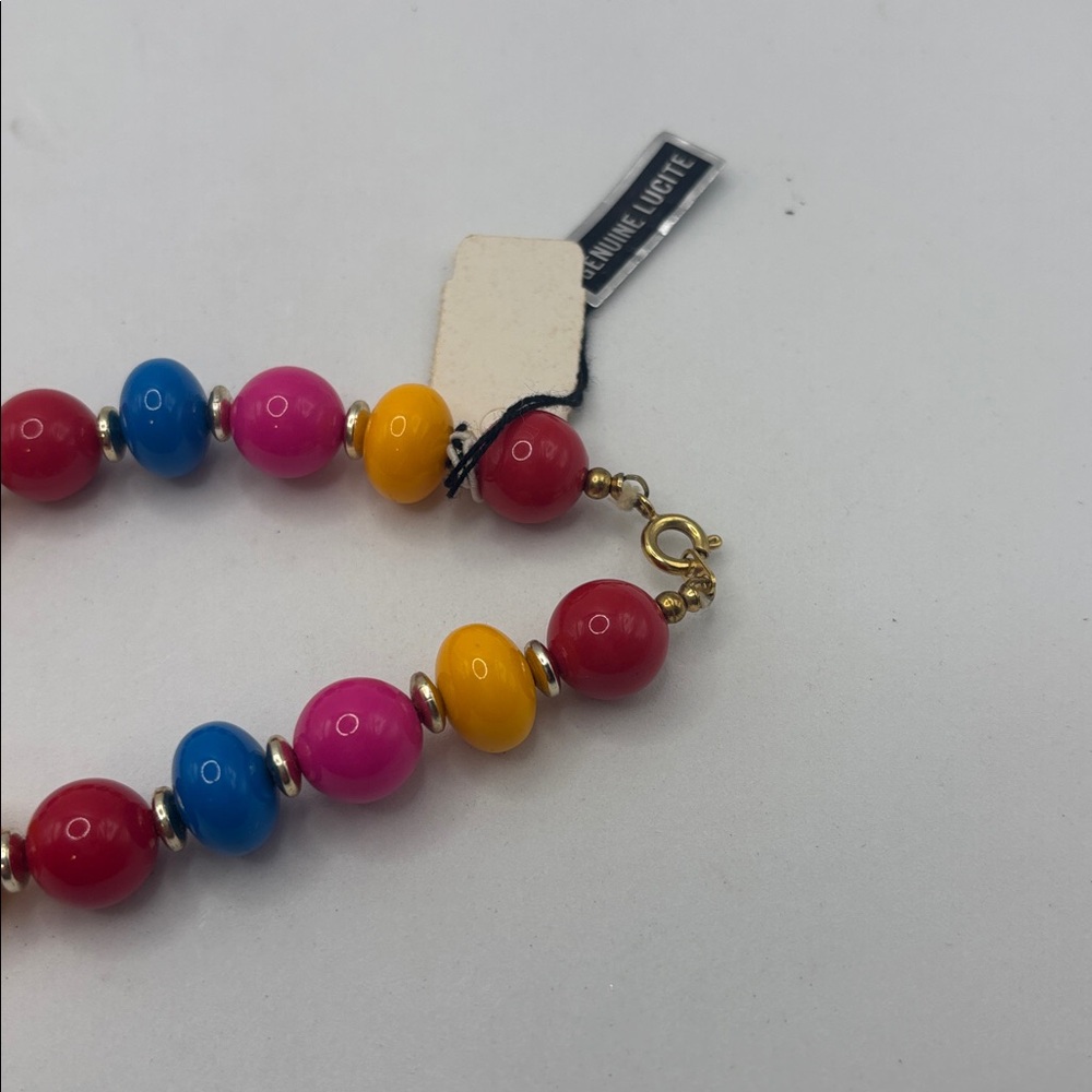 VTG Multi Colorful Beaded Genuine Lucite Necklace Jewel tone gold accents NWT - Picture 6 of 10